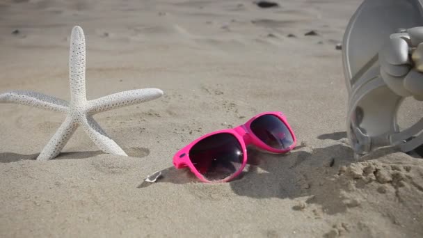 Occhiali da sole colorati, infradito e stelle marine sulla spiaggia sabbiosa — Video Stock