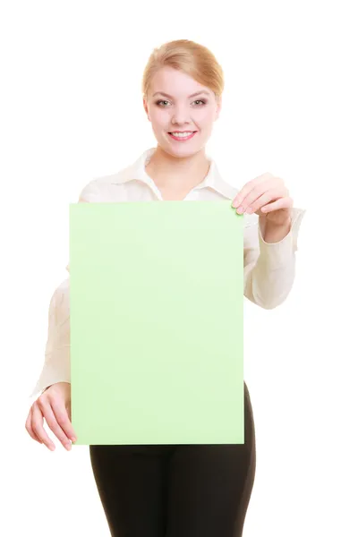 Businesswoman holding blank copy space banner — Stock Photo, Image