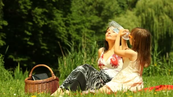 Mère avec fille se relaxant sur la prairie ou dans le parc — Video