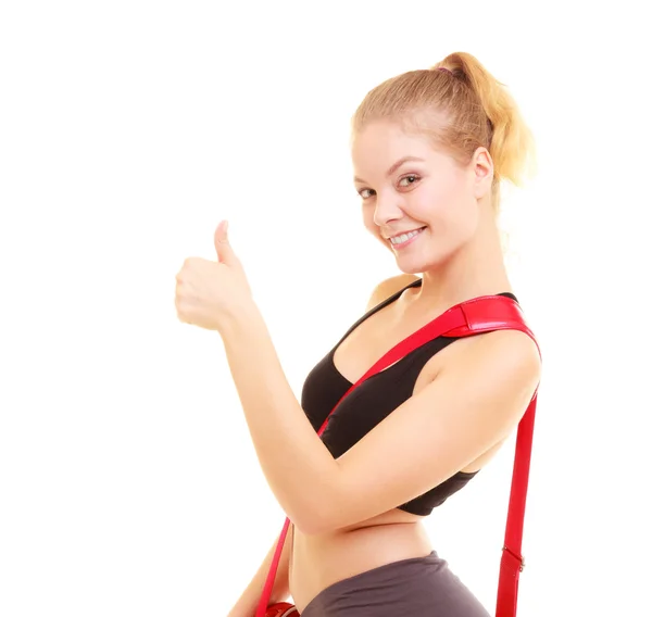 Fitness sporty girl with gym bag showing thumb up — Stock Photo, Image