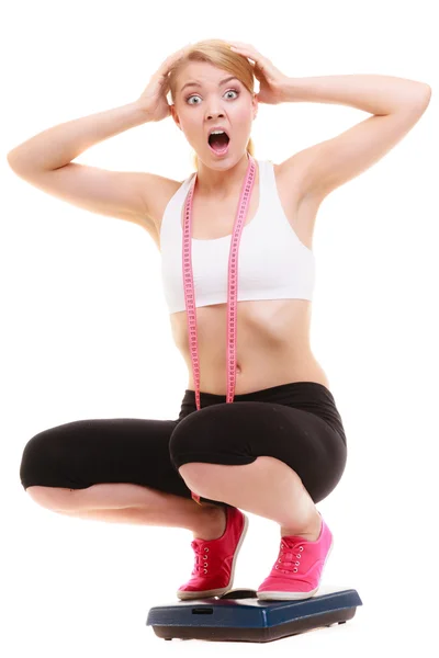 Upset girl  on weight scale — Stock Photo, Image