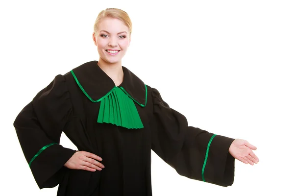 Woman lawyer in polish gown inviting welcome — Stock Photo, Image