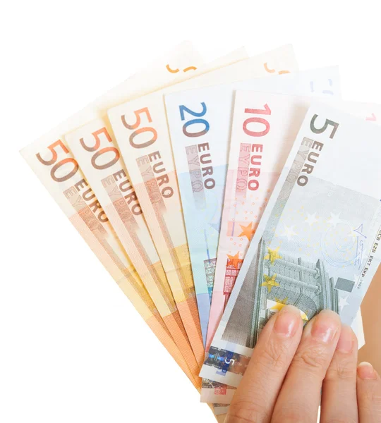 Primer plano sostiene billetes de dinero en euros. Economía financiera —  Fotos de Stock