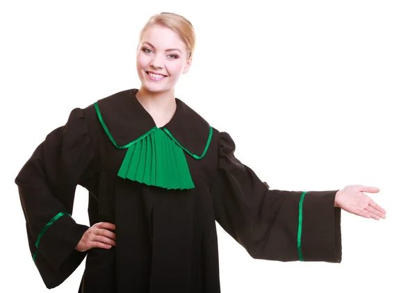 Woman lawyer attorney in classic polish gown in welcome gesture — Stock Photo, Image