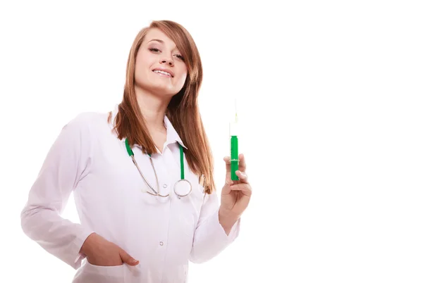Doctor in lab coat with syringe — Stock Photo, Image