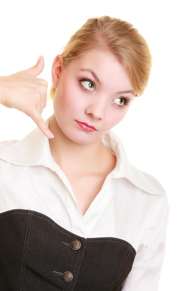 Shocked girl with phone hand sign — Stock Photo, Image