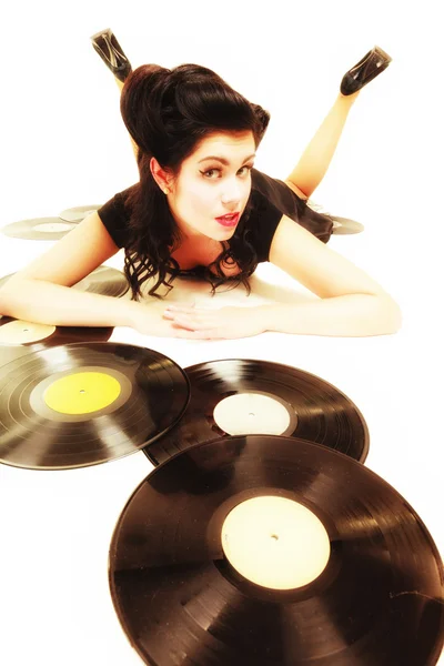 Girl with vinyl records — Stock Photo, Image