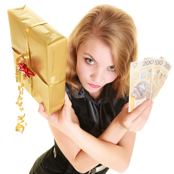 Woman with box and polish banknote — Stock Photo, Image