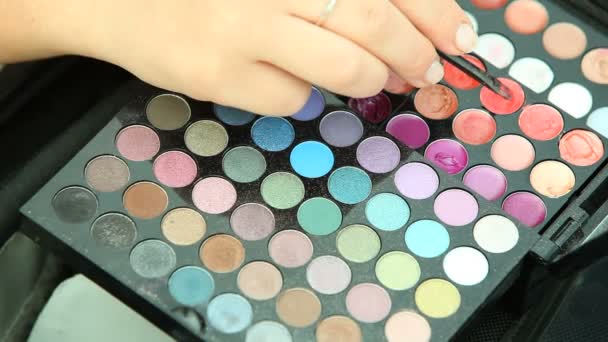 Frau benutzt Palette mit Lidschatten — Stockvideo