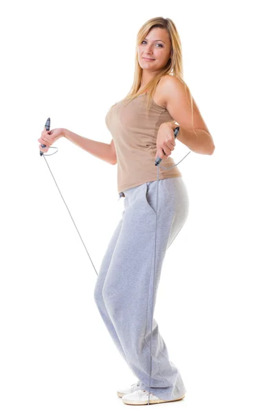 Sport girl fitness woman doing exercise with skip jump rope isolated — Stock Photo, Image