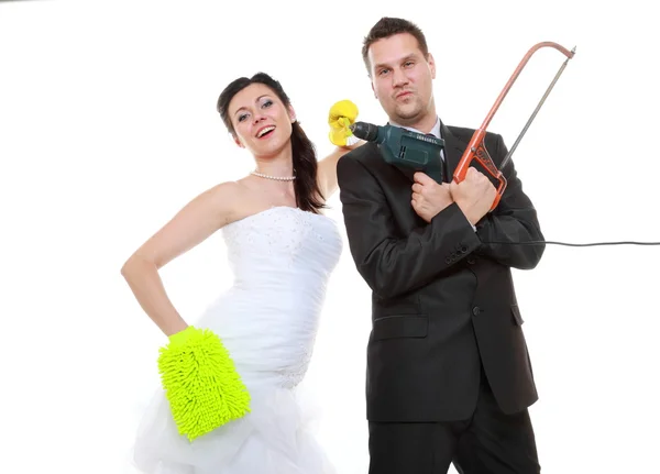 Young couple bride groom household chores isolated — Stock Photo, Image