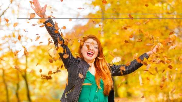 Nature Autumn Concept Golden Autumn Happy Girl Ginger Woman Throwing — Stock Photo, Image