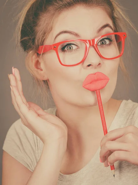 Happy Woman Holding Fake Lips Stick Having Fun Photo Carnival — Stock Photo, Image