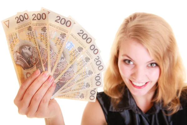 Business woman holding polish currency money banknote. — Stock Photo, Image