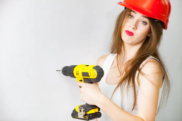 Young Woman Using Power Driil Work Home Girl Working Flat — Stock Photo, Image