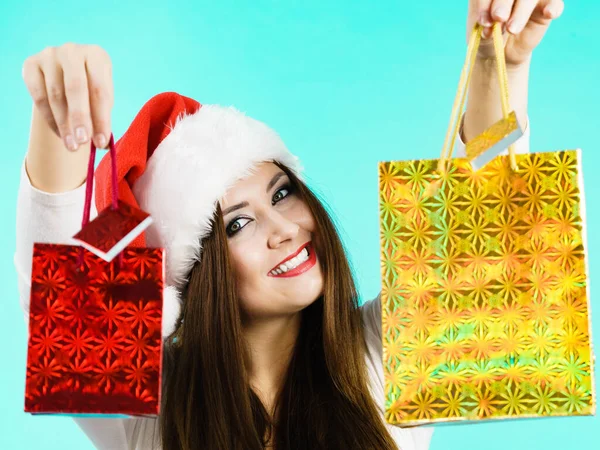 Young Brunette Woman Happy Give Christmas Gifts Female Wearing Santa — Stock Photo, Image