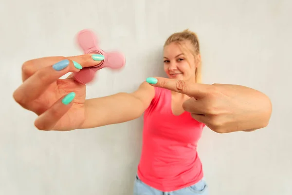 Woman Playing Fidget Spinner Stress Anxiety Relief Toy Rotating Female — Stock Photo, Image