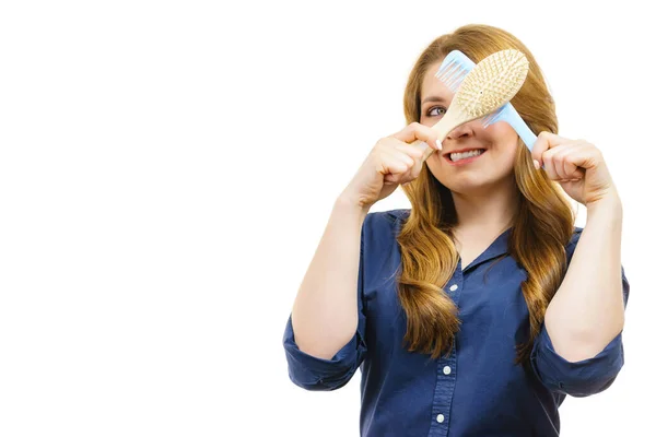 Kapsel Coiffure Haarverzorging Concept Vrouw Met Lange Bruine Golvende Haar — Stockfoto