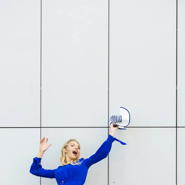 Happy Joyful Woman Wearing Blue Jumpsuit Having Fun Throwing Her — Stock Photo, Image