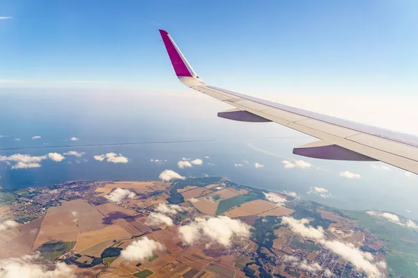 Kilátás Egy Repülőgép Ablakából Part Balti Tengeri Puck Öböl Hel — Stock Fotó