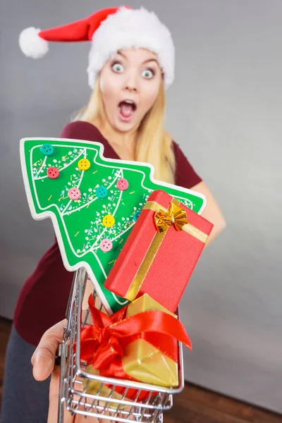 Χριστούγεννα Εποχιακές Πωλήσεις Χειμερινές Γιορτές Ευτυχισμένη Γυναίκα Φορώντας Καπέλο Βοηθού — Φωτογραφία Αρχείου