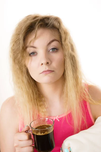 Grumpy Tired Woman Holding Black Coffee Drink Hard Morning Getting — Stock Photo, Image