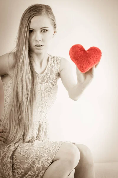 Sad Serious Woman Feeling Lonely Unloved Holding Little Red Pillow — Stock Photo, Image