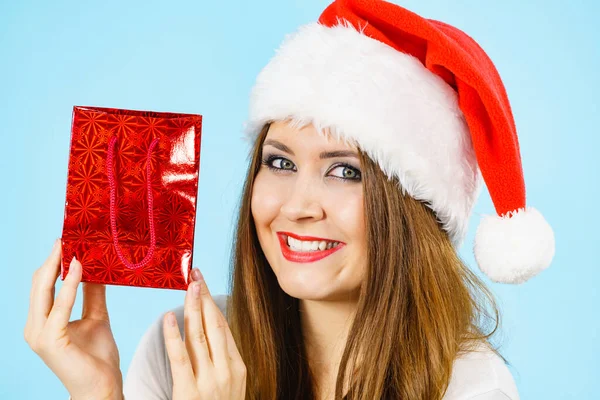 Smiling Woman Happy Give Christmas Gifts Female Wearing Santa Claus Royalty Free Stock Images
