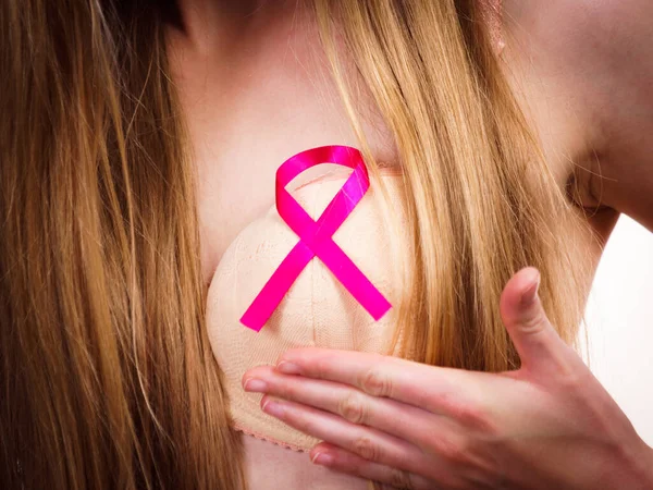 Woman Wih Pink Ribbon Chest Female Wearing Bra Showing Breast — Stock Photo, Image