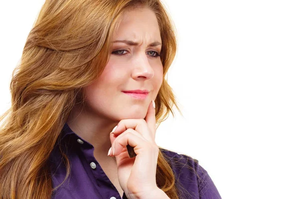 Thinking Woman Female Gesturing Hand Seeking Solution Having Contemplating Face — Stock Photo, Image