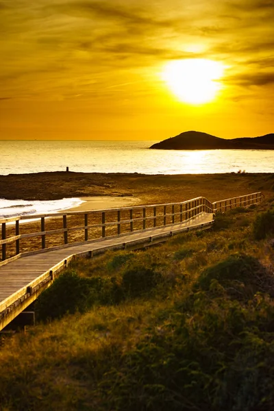 Sunset Beach Seashore Wooden Path Sea Water Cala Magre Calblanque — Stockfoto