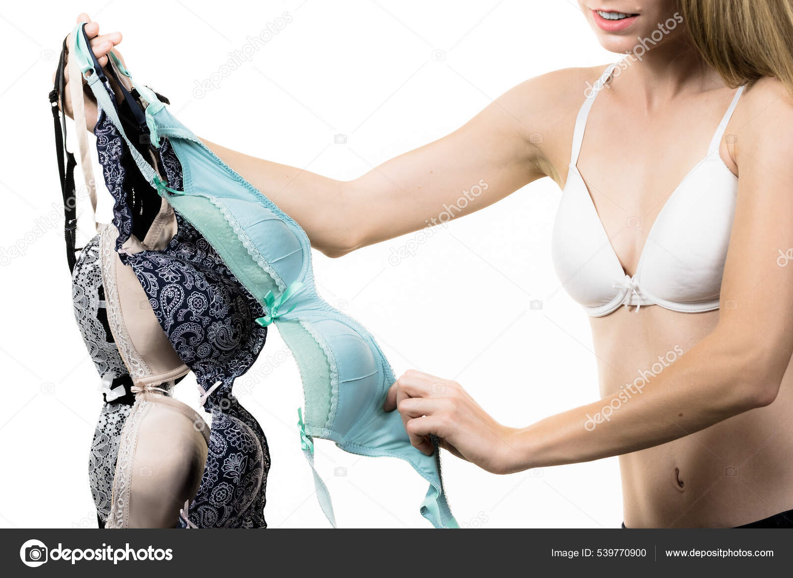 Bosom Concept Slim Attractive Blonde Woman Wearing White Underwear Holding  Stock Photo by ©Voyagerix 539770900