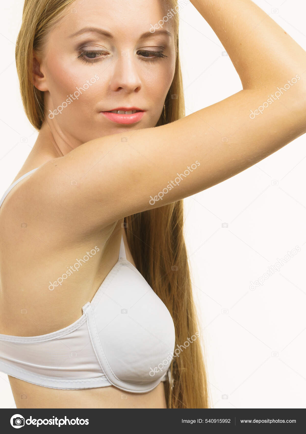 Young Long Hair Blonde Woman Small Boobs Wearing Bra Female Stock Photo by  ©Voyagerix 540915992