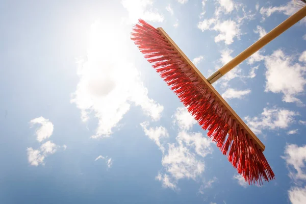 Broom Red Sweeping Brush Blue White Cloudy Sky Household Obejcts — Stock Photo, Image