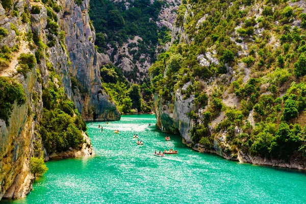 Boats Turquoise Water Mountain Canyon Verdon Gorge French Alps Provence — Stock Photo, Image