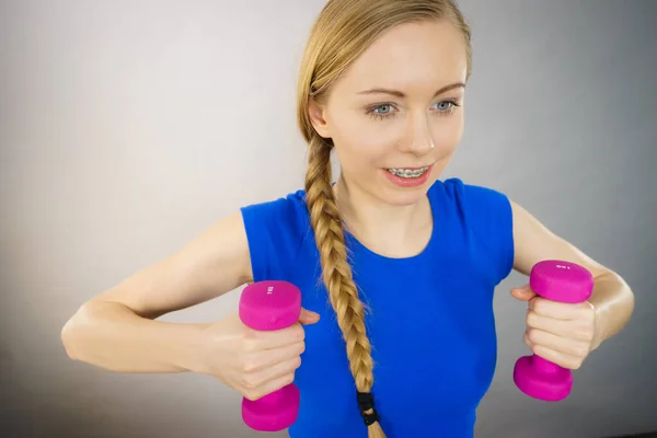 Teenage Young Woman Working Out Home Small Light Dumbbells Training — Stock Photo, Image