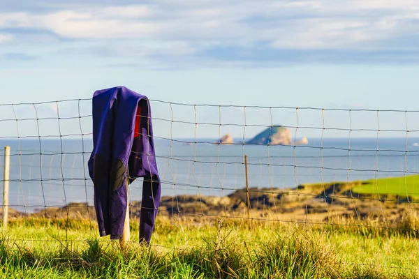 Dalış Kıyafeti Sahilde Kurumaya Bırakılmış Sahil Manzarasına Karşı Dalış Kıyafeti — Stok fotoğraf