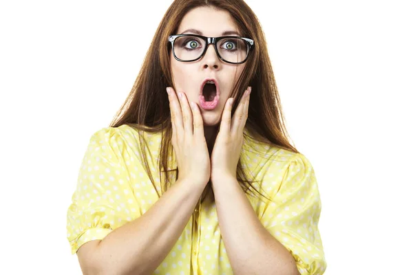 Shock Face Expressions Concept Shocked Amazed Woman Gesturing Hands Seeing — Stock Photo, Image