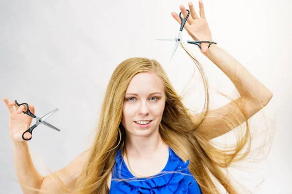 Haircut Coiffure Haircare Concept Girl Blowing Long Blond Hair Holding — Stock Photo, Image