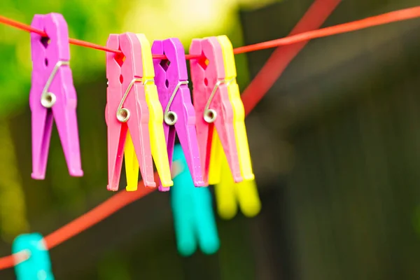 Clips Washing Laundry Clothes Pegs String Rope Outdoor Housework Concept — Stock Photo, Image