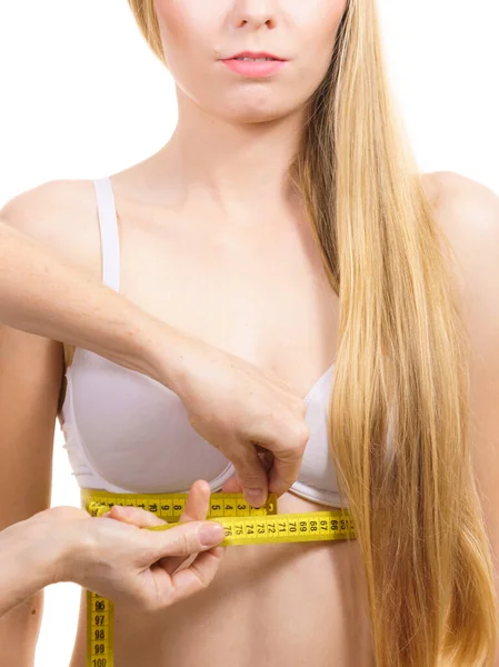 Woman Measure Tape Measuring Young Female Breast Bosom Bra Fitting — Stock Photo, Image