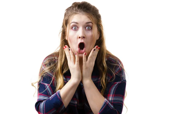 Amazed Astonished Young Woman Being Suprised Shocked Something Female Having — Stock Photo, Image