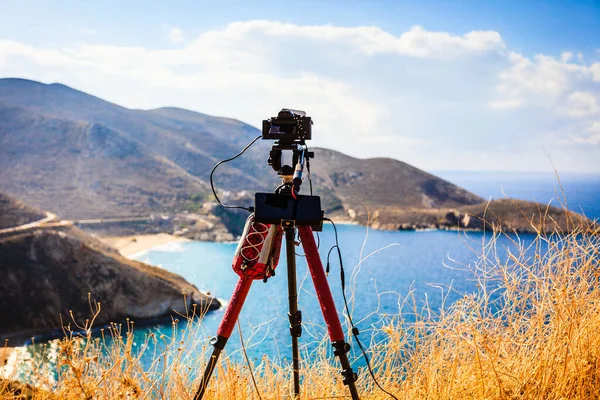 Professional Camera Taking Picture Film Video Seascape Mountains Greece Peloponnese — Stock Photo, Image