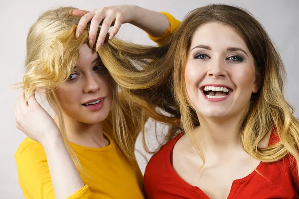 Mulher Brincando Com Seu Amigo Feminino Cabelo Cor Ombre Longo — Fotografia de Stock