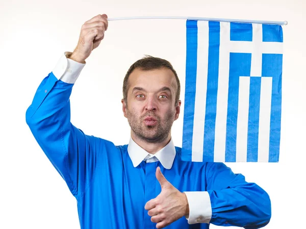 Feliz Joful Homem Segurando Bandeira Grega Turismo Apresentação País Conceito — Fotografia de Stock