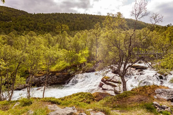 Reisen Schönheit Der Natur Wasserfall Sintflutartigen Fluss Entlang Der Aurlandsfjellet — Stockfoto