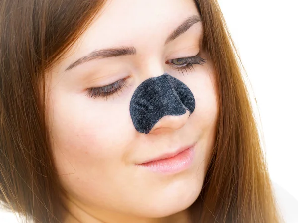 Woman Charcoal Strip Nose Remover Mask Blackheads Cleaning Girl Taking — Stock Photo, Image