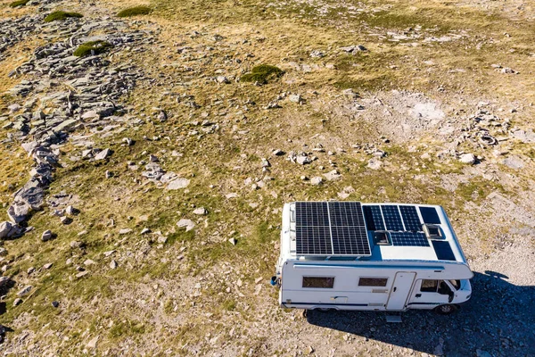Aerial View Camper Many Solar Photovoltaic Panels Roof Camping Nature — Stock Photo, Image