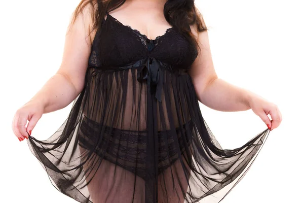 Unrecognizable Size Fat Woman Wearing Black Lace Lingerie Babydoll Overweight — Stock Photo, Image