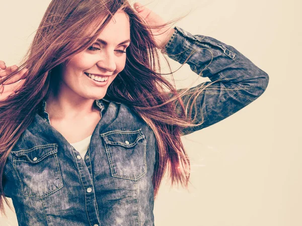 Young Girl Waving Hairs Cheering Woman Standing Wind Fashion Coiffure — Stock Photo, Image